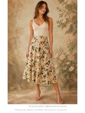 Floral Linen Blend Midi Skirt Cottagecore Romantic A-Line